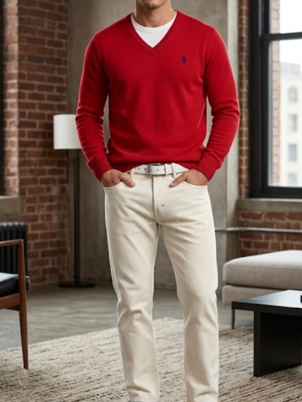 Polo by Ralph Lauren Red V-Neck Men's Lamb Wool  Sweater